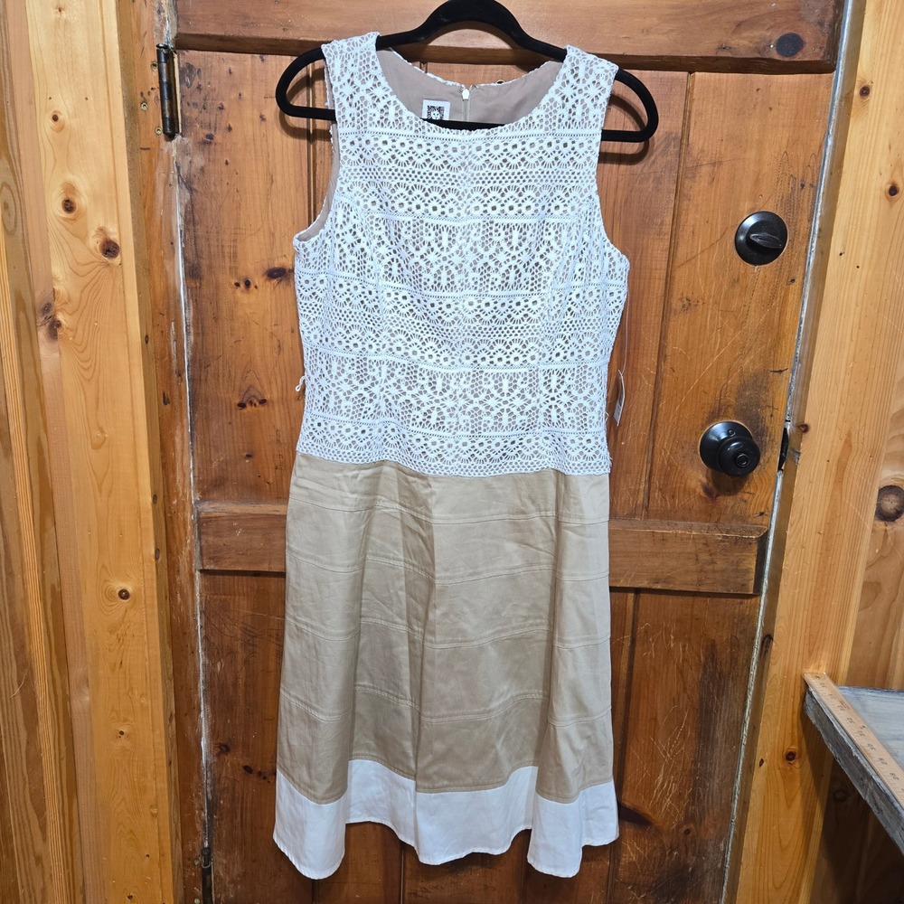 Anne Klein Womens Crochet Lace Colorblock Sleeveless Dress Tan White Size 10 NEW